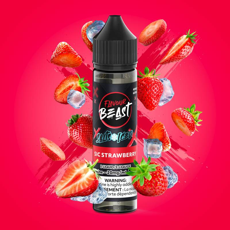 Flavour Beast Sic Strawberry vape juice bottle with strawberries and ice cubes